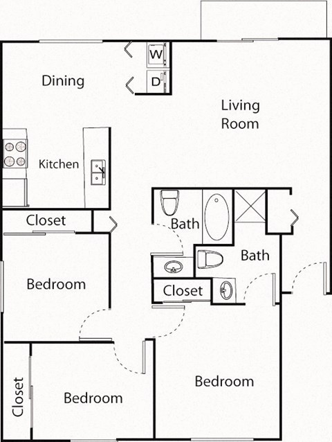 Floor plan for 3 beds, 2 baths, 1157 sqft